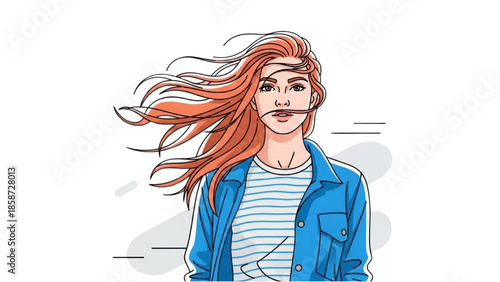 A young woman with flowing red hair enjoys a windy day outdoors