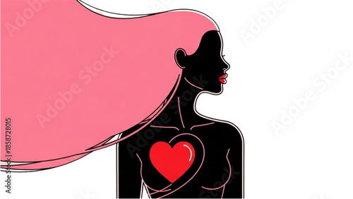 Silhouette of a woman with flowing hair and a heart symbol on her chest against a white background