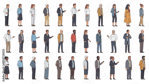 Diverse group of business people standing and gesturing in various poses on a white background