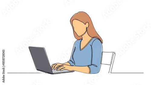 Woman working on laptop in a simple, minimalist office setting