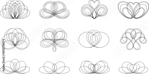 Symmetrical abstract line pattern set with floral and heart-like loops for mathematical art, design, and educational illustrations.