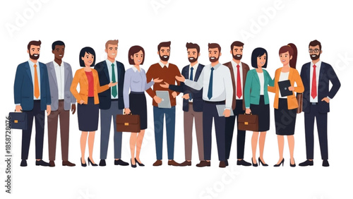 Diverse professionals standing together in business attire holding briefcases and laptops