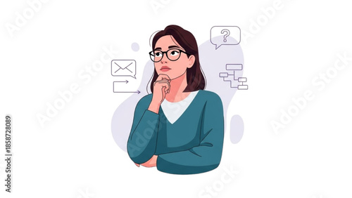 A woman contemplates her next move amidst floating messages and emails in a thoughtful digital landscape