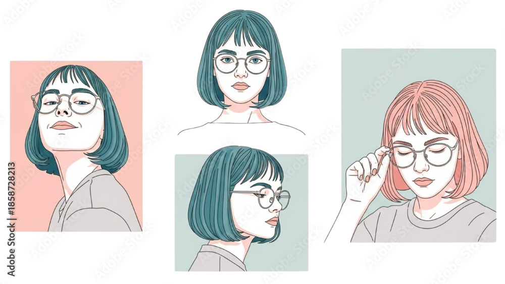 Obraz premium A collection of illustrated portraits showcasing various hairstyles and facial expressions of women from different viewpoints