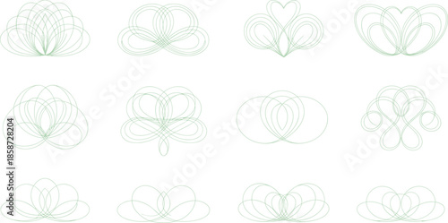 Symmetrical abstract line pattern set with floral and heart-like loops in light green for mathematical art and design inspiration.