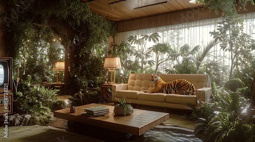 Surreal Interior Design of a Tiger Resting in a Lush Jungle Living Room