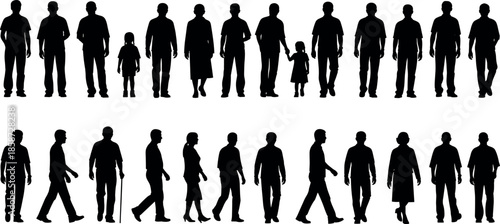 Black silhouettes of diverse people walking and standing including men women children elderly and disabled individuals on a white background
