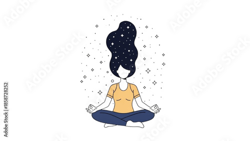 A woman meditating peacefully with a starry night sky emanating from her head in a serene illustration.