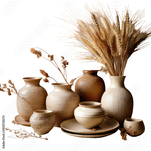Earthenware pots and vase, with dried wheat in them