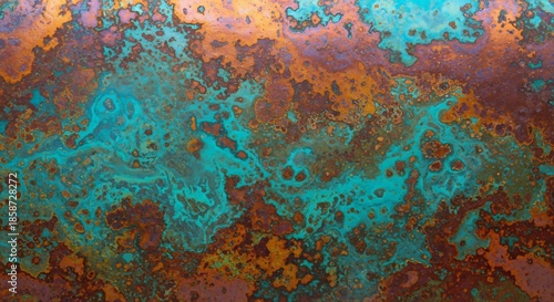 Corroded metal surface with vibrant teal and rusty orange patinas forming abstract patterns and textures