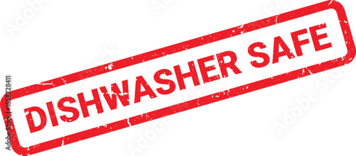 Angled Red Dishwasher Safe Stamp with Worn Texture on a White Background