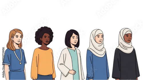 Diverse group of women standing together in a line, showcasing different cultures and styles in an illustration.