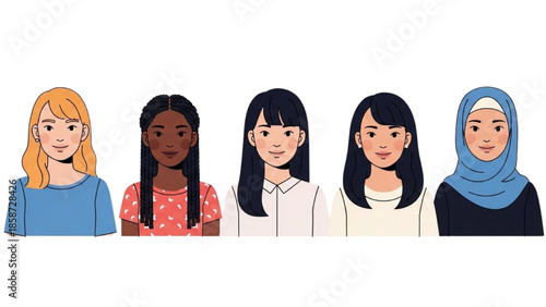 Diverse group of women standing together in a line, showcasing different cultures and ethnicities in a simple illustration