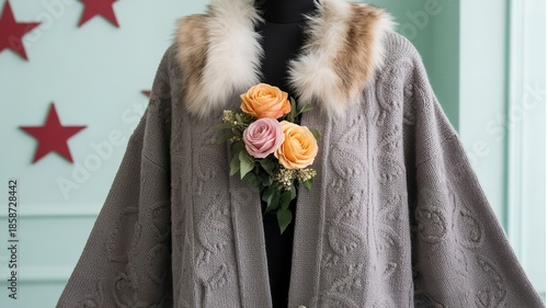 Elegant Grey Embroidered Cape with Faux Fur Collar and Floral Corsage Detail Displayed on Mannequin