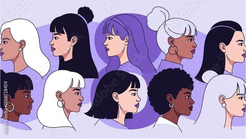 Diverse group of women facing different directions with various hairstyles and skin tones illustrated against a purple background.