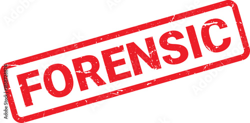 Red Forensic Rubber Stamp on White Background, Grunge Textured, Angled View Stock Illustration