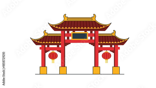 Traditional Chinese Gate with Red and Gold Roof, Lanterns, and Pillars