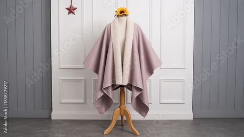 Elegant Mauve and Cream Two-Tone Oversized Wool Cape Displayed on Mannequin Against White and Grey Paneled Wall