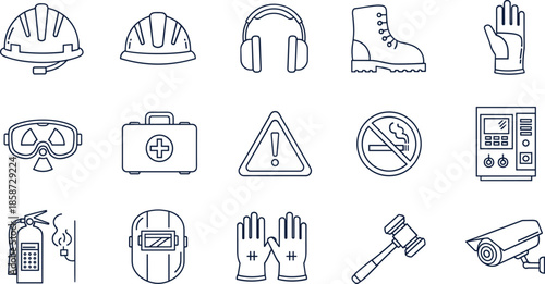 Industrial Safety Line Icon Set Featuring Hard Hat First Aid Kit Safety Glasses Fire Extinguisher Welding Mask Gavel And Surveillance Camera