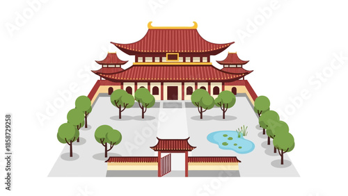 Stylized Red Roofed Asian Temple with Courtyard and Trees in Vector Illustration