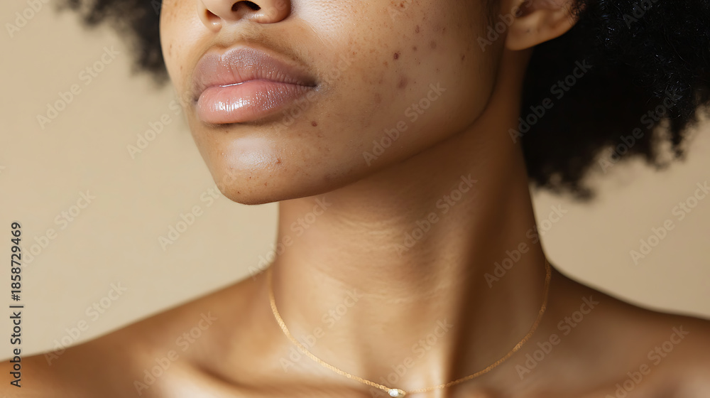 Obraz premium A close-up captures the beauty of a person's face and neck, showcasing their smooth skin and delicate features. The soft lighting emphasizes the contours and highlights the subtle details.