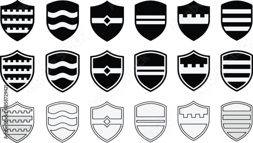 Heraldic shield icons, coat of arms, medieval emblems, black white gray symbols, crest design, flat vector illustration