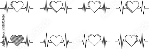 Heart symbols with EKG lines, medical love icons, heartbeat design, health emotion concept, flat vector illustration