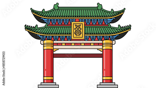 Colorful Chinese Gate Illustration with Detailed Roof and Pillars