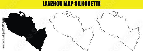 Lanzhou map silhouette illustration black white and outline on transparent background