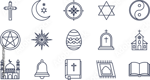 Collection of religious and spiritual line icons featuring Christian cross Islamic crescent star of David pentagram yin yang and sacred symbols