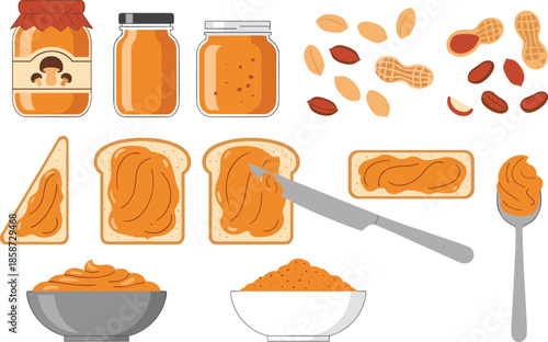 Peanut butter jars, bread slices, peanuts, creamy spread, spoon, knife, bowls, food ingredients, flat vector illustration