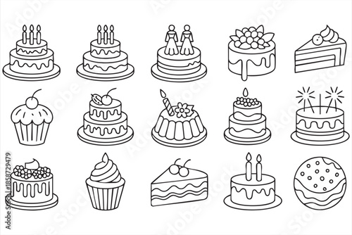 Celebration Cake Icons, Wedding and Birthday Desserts for Invitations and Cards