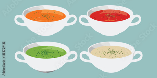 Soup bowls set, orange, red, green, cream soup, garnish herbs, healthy food, top view, flat vector illustration