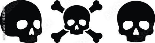 Skull and crossbones icons, danger symbols, poison warning, security breach, black silhouette style, flat vector illustration