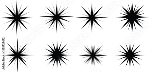 Starburst shapes, geometric rays, symmetrical design, abstract pattern, black gray icons, radial elements, vector art, flat vector illustration