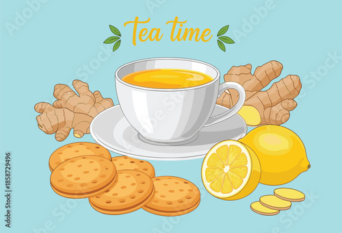 Tea time setup, teacup with lemon ginger, cookies, herbal drink, relaxing moment, healthy ingredients, flat vector illustration