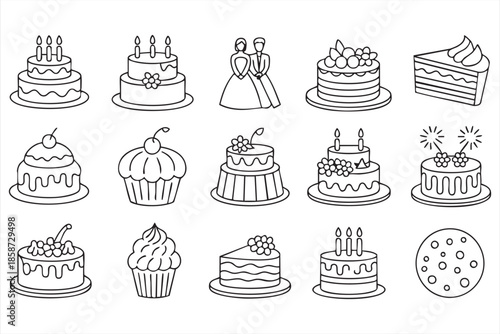 Wedding Cake and Birthday Dessert Icons for Bakery Branding and Event Design