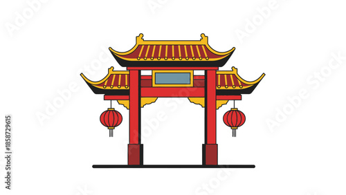 Stylized Chinese Gate with Red and Yellow Roofs and Lanterns