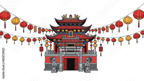 Detailed Illustration of a Traditional Chinese Temple with Lanterns