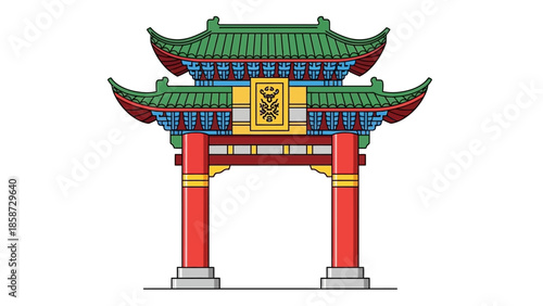 Colorful Chinese Gate Illustration with Traditional Architectural Design