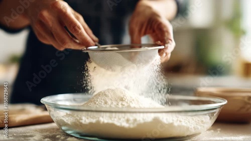 Hands of a baker skillfully sifting flour into a glass bowl, showcasing the delicate process of baking, with a gradual zoom in on the action and texture of the ingredients