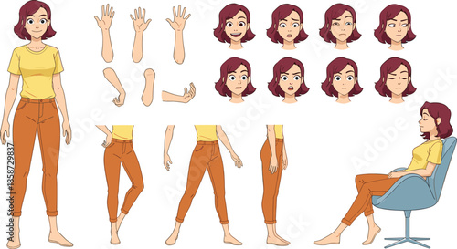 Young Woman Character Sprite Sheet with Multiple Facial Expressions Hand Gestures Various Poses and Sitting Position for Animation and Design