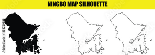 Ningbo map silhouette illustration black white and outline on transparent background