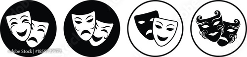 Theatrical masks in various designs and colors on white