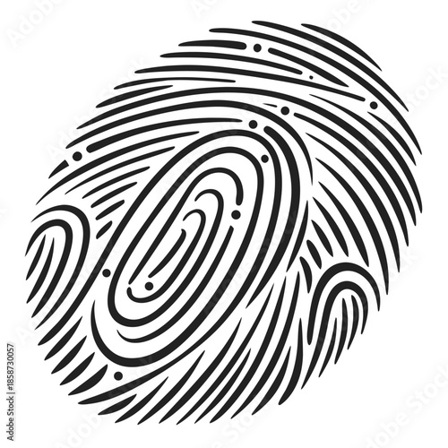 Stylized Black and White Fingerprint Graphic with Dots and Lines thumbprint identity