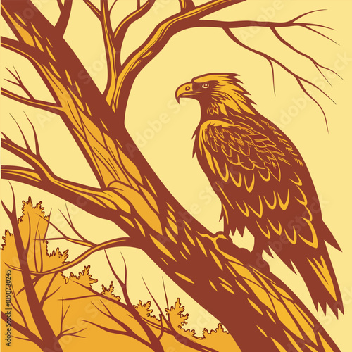 Stylized Golden Eagle Perched on a Tree Branch with Autumn Foliage bird raptor