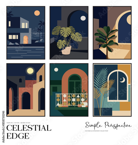 Moody Night Architecture Illustration Set With Warm Lights and Tropical Plants