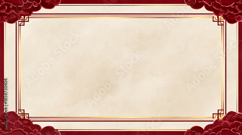 Luxury chinese background with ornate border design in rich red cream tone creates elegant festive oriental background for celebration invitation card or banner layout