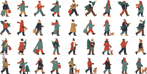 Large Collection of Flat People Walking in Winter Clothes Carrying Christmas Trees Shopping Bags and Coffee for Holiday Season Designs