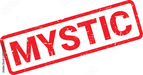 Distressed Red Mystic Stamp with a Rectangular Border, Grunge Textured, on a White Background